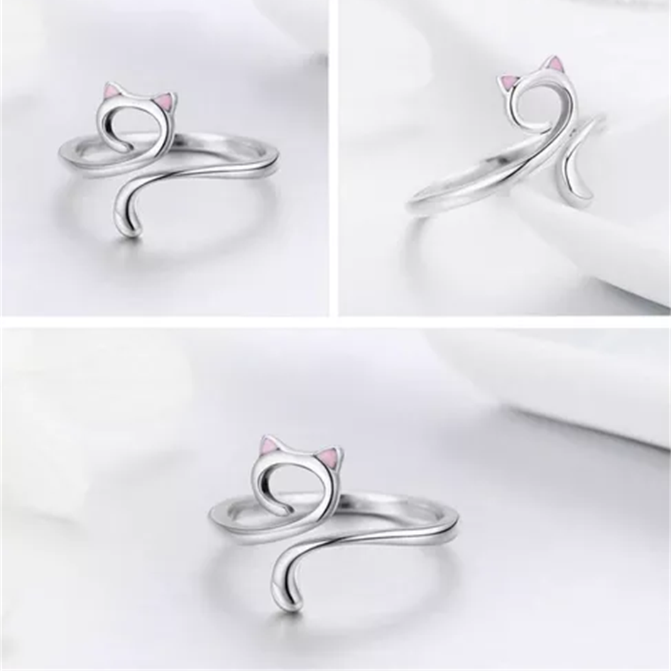 Anillo Ajustable Mujer Gato Rosa Fabricado En Plata 925