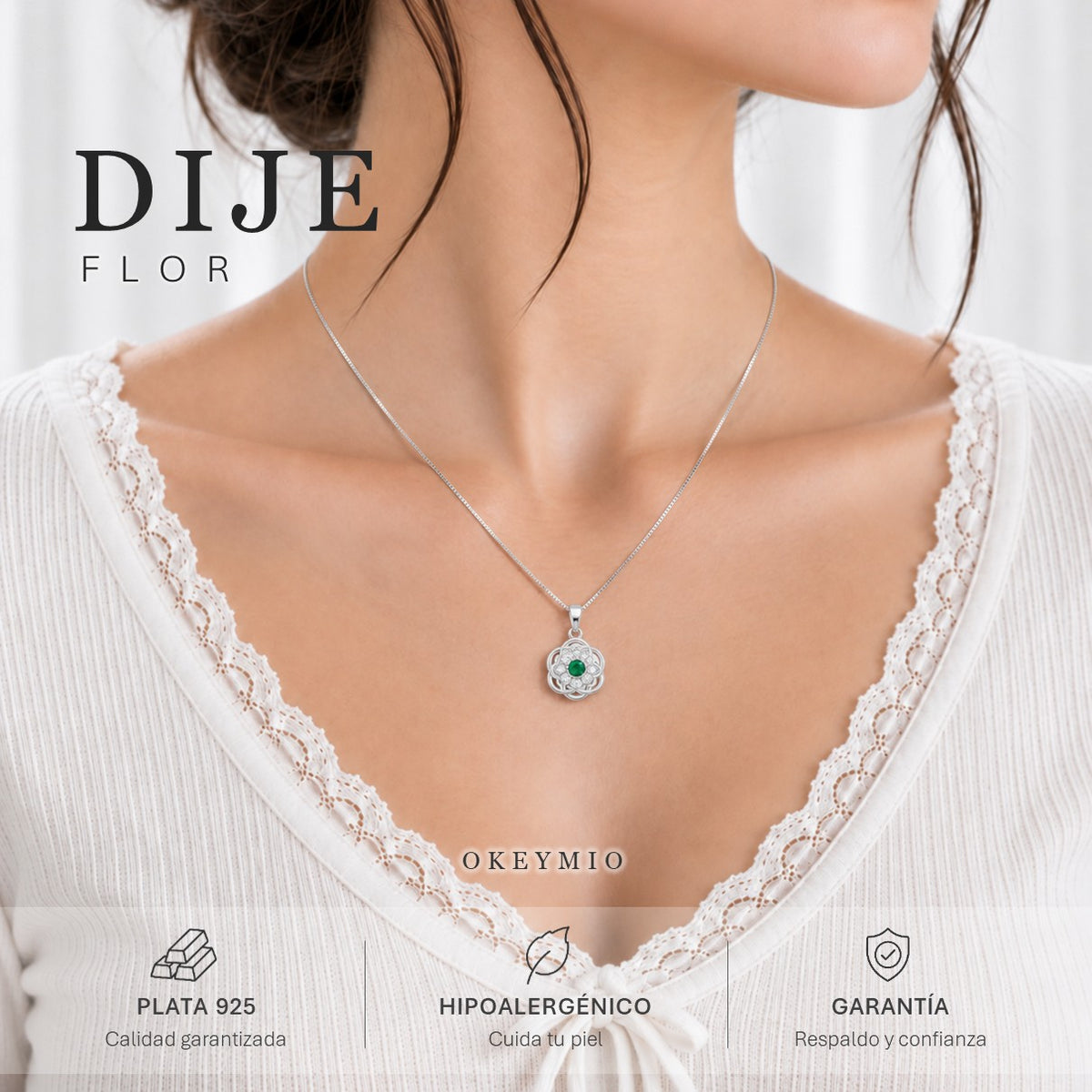 Dije Flor En Plata 925 Con Piedra Verde Y Cadena Mujer