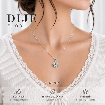 Dije Flor En Plata 925 Con Piedra Verde Y Cadena Mujer