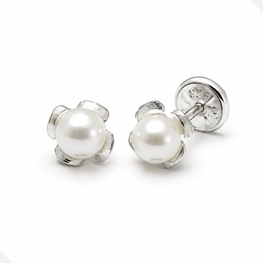 Aretes Topos Perla Flor Plata 925 Rosca De Seguridad