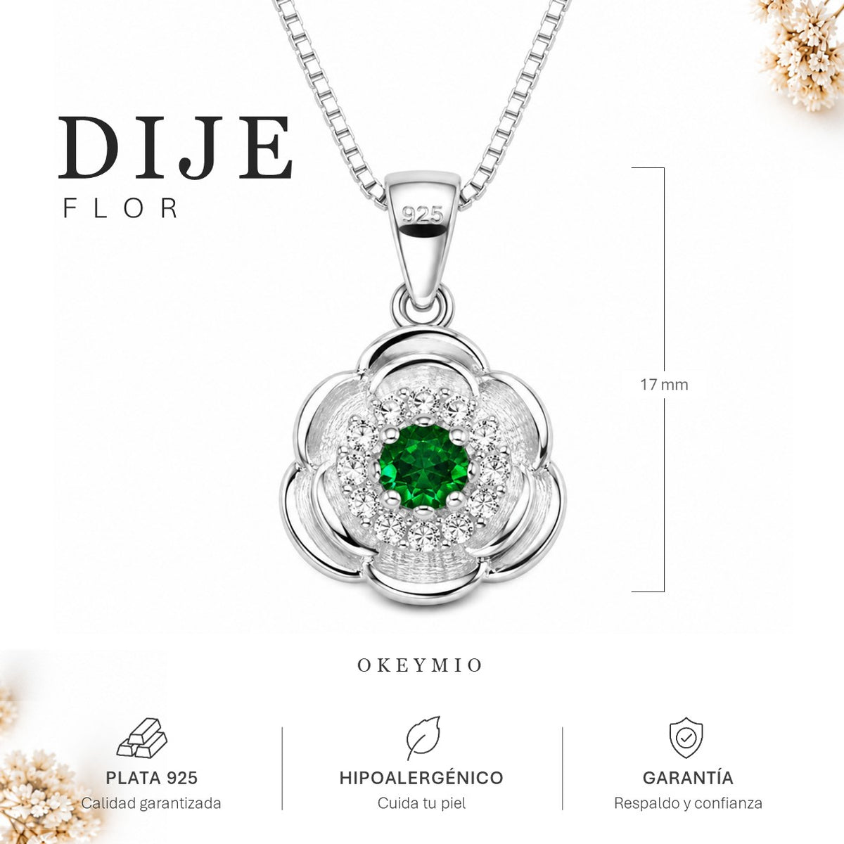 Dije Flor En Plata 925 Con Piedra Verde Y Cadena Mujer