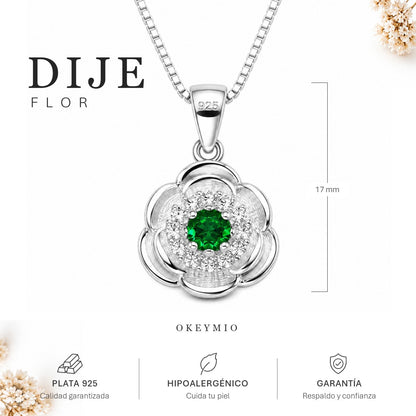 Dije Flor En Plata 925 Con Piedra Verde Y Cadena Mujer