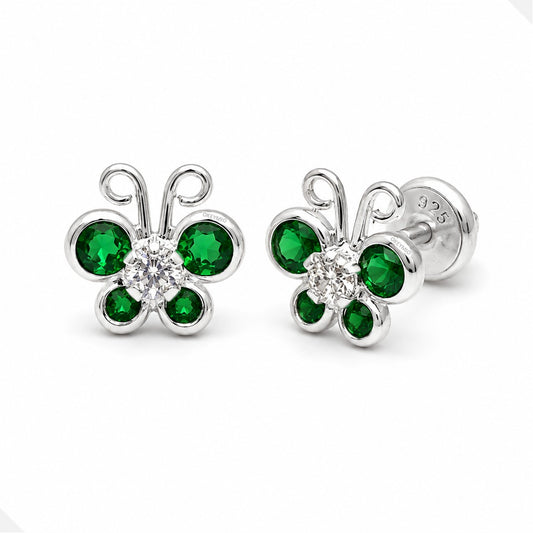 Aretes Topos  Mariposa Verde Plata 925 Rosca De Seguridad
