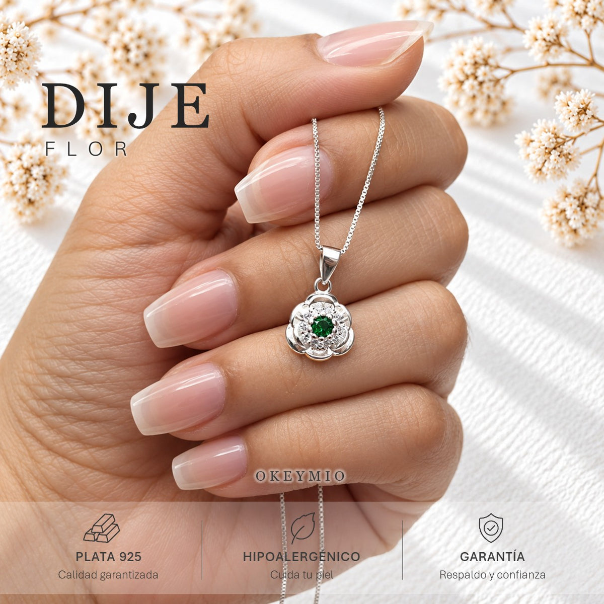 Dije Flor En Plata 925 Con Piedra Verde Y Cadena Mujer