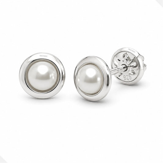 Aretes Topos Perla Plata 925 Rosca De Seguridad Mujer