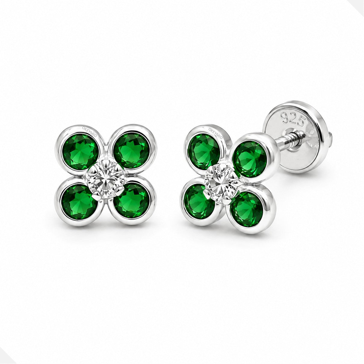 Aretes Topos Flor Verde Plata 925 Rosca De Seguridad