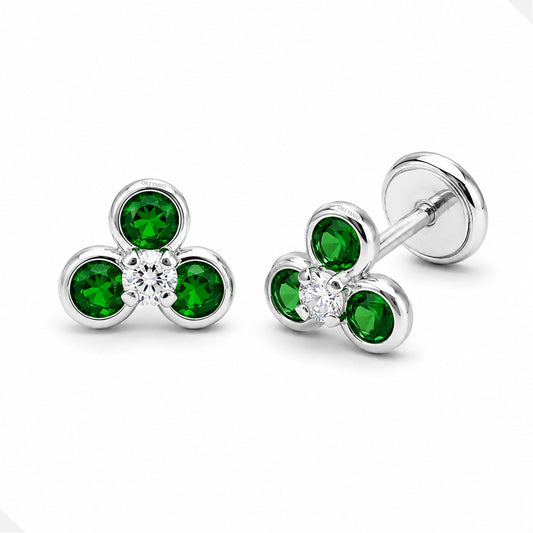 Aretes Topos Trébol Verde Plata 925 Rosca De Seguridad