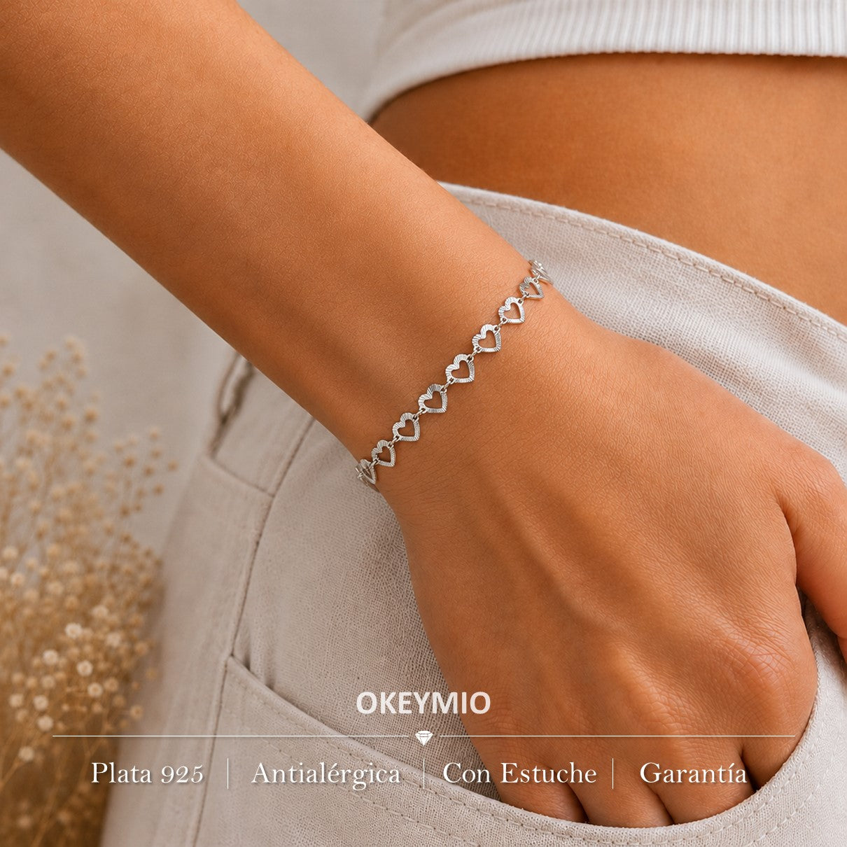 Pulsera De Corazones En Plata 925 Italiana Pulida