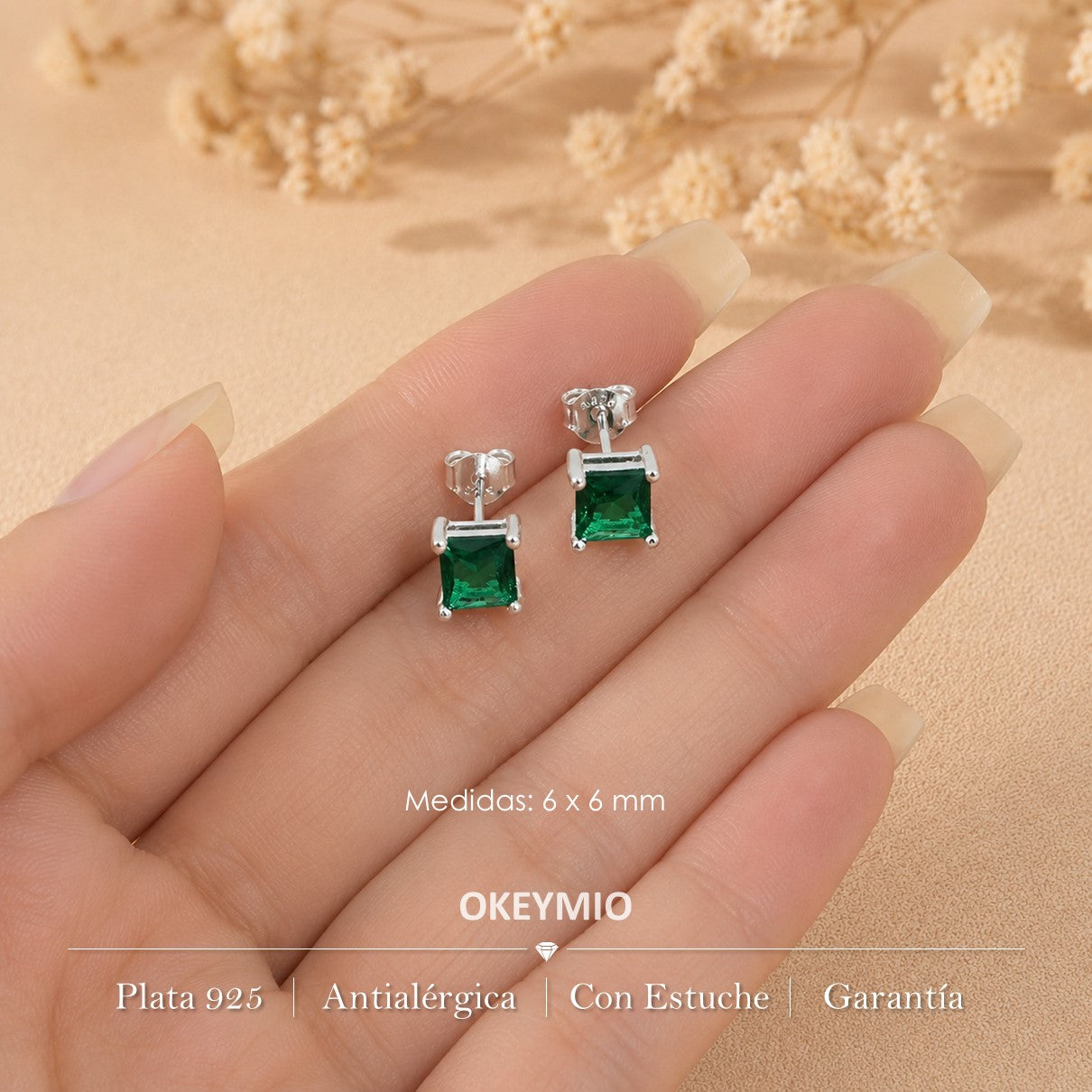 Aretes Topos En Plata 925 Piedra Verde Cuadrada Con Circones Hipoalergénicos