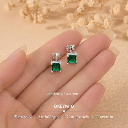 Aretes Topos En Plata 925 Piedra Verde Cuadrada Con Circones Hipoalergénicos