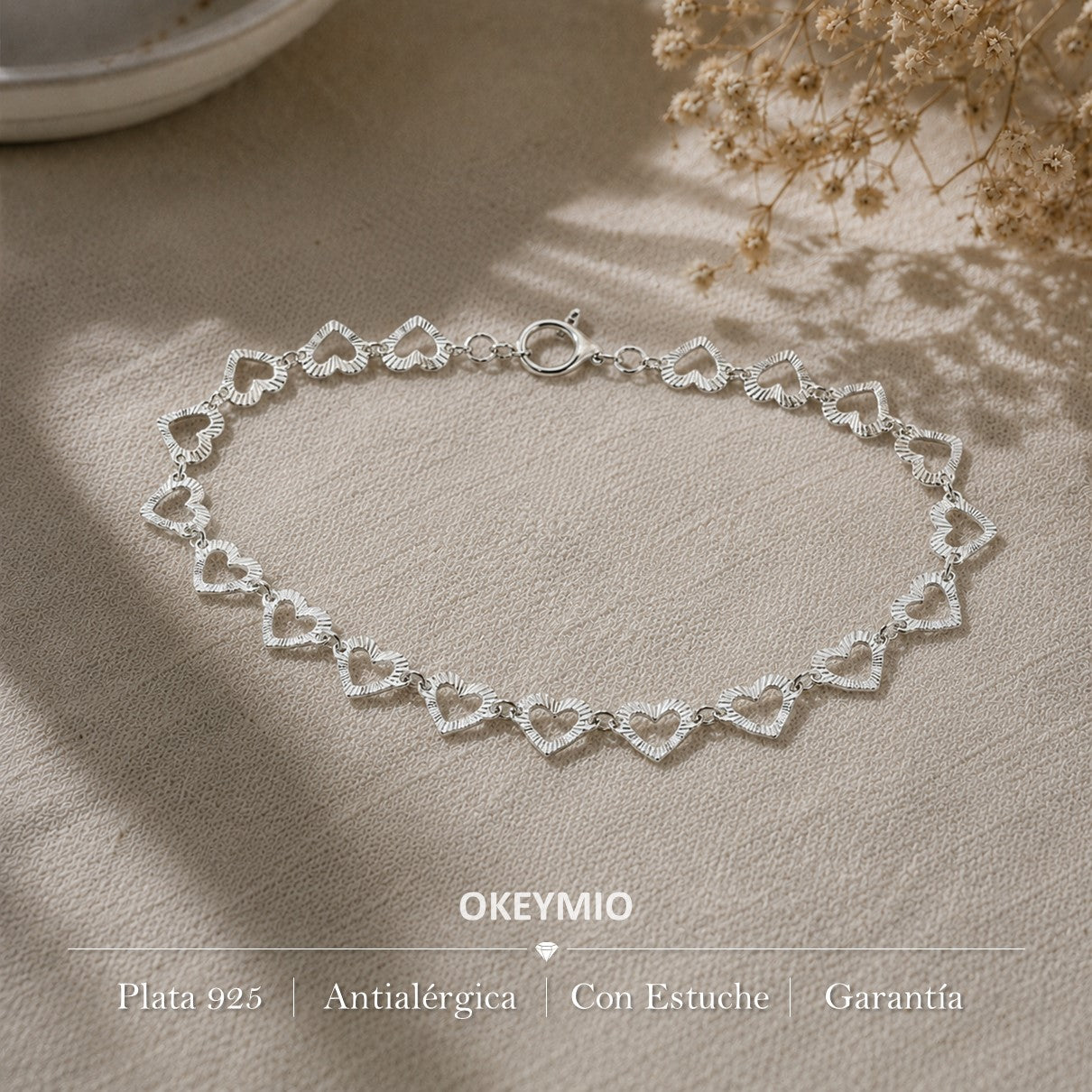 Pulsera De Corazones En Plata 925 Italiana Pulida