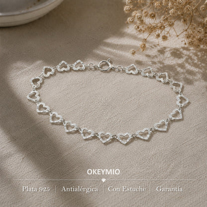 Pulsera De Corazones En Plata 925 Italiana Pulida