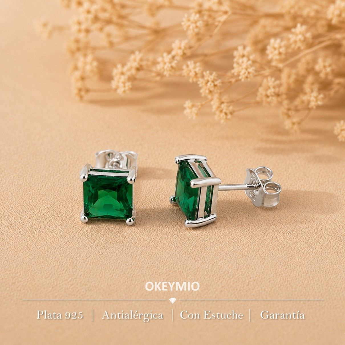 Aretes Topos En Plata 925 Piedra Verde Cuadrada Con Circones Hipoalergénicos