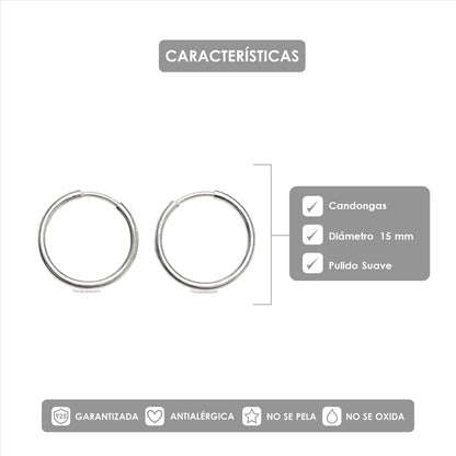 Candongas Clásicas Lisas En Plata 925 | 15 mm