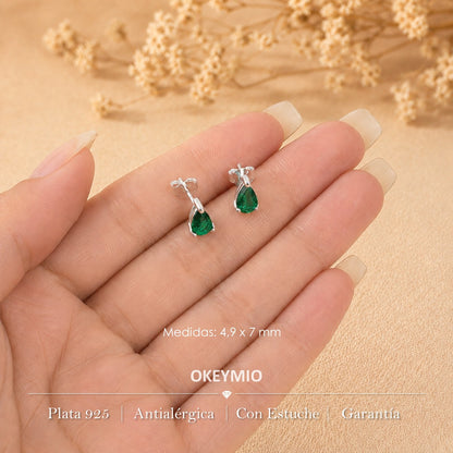 Aretes Topos Cristal Gota Verde En Plata 925