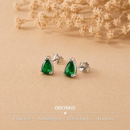 Aretes Topos Cristal Gota Verde En Plata 925