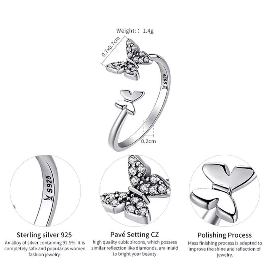 Anillo Ajustable Mariposas En Plata 925