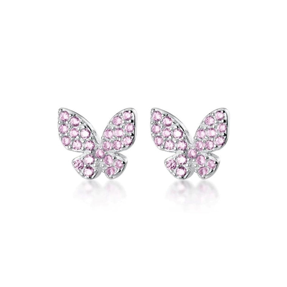 Aretes Mariposa En Plata 925 Con Cristales Rosas Brillantes