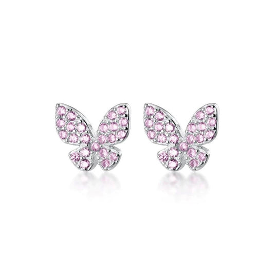 Aretes Mariposa En Plata 925 Con Cristales Rosas Brillantes