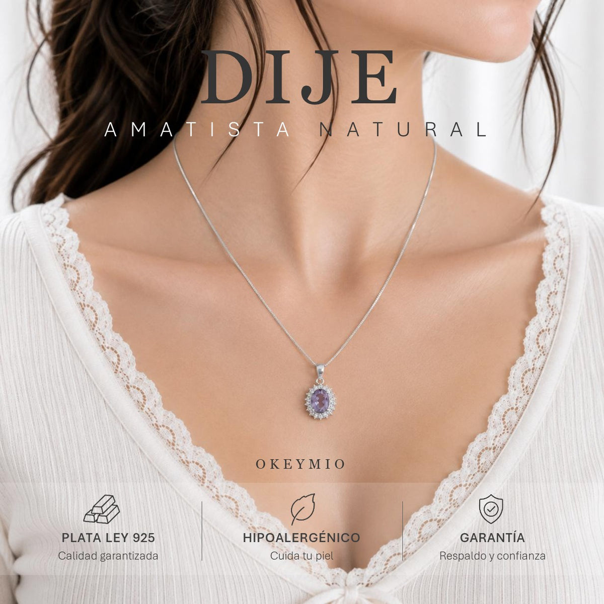 Cadena Con Dije y Amatista Natural En Plata 925