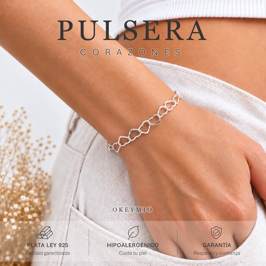 Pulsera De Corazones En Plata 925 Italiana Pulida