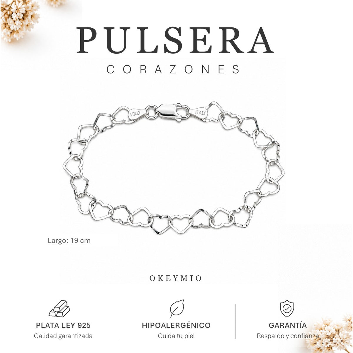 Pulsera De Corazones En Plata 925 Italiana Pulida