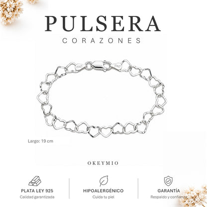 Pulsera De Corazones En Plata 925 Italiana Pulida