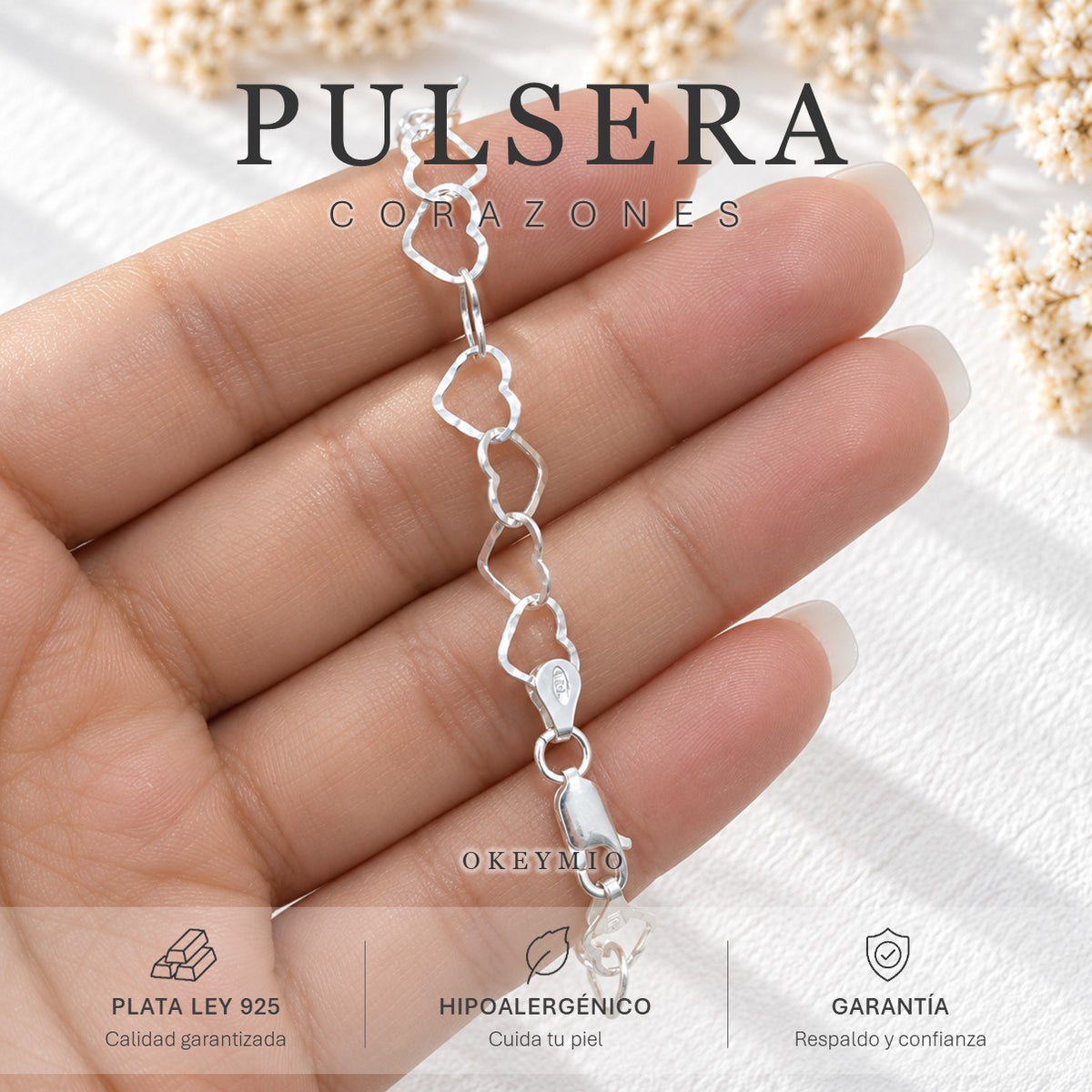 Pulsera De Corazones En Plata 925 Italiana Pulida