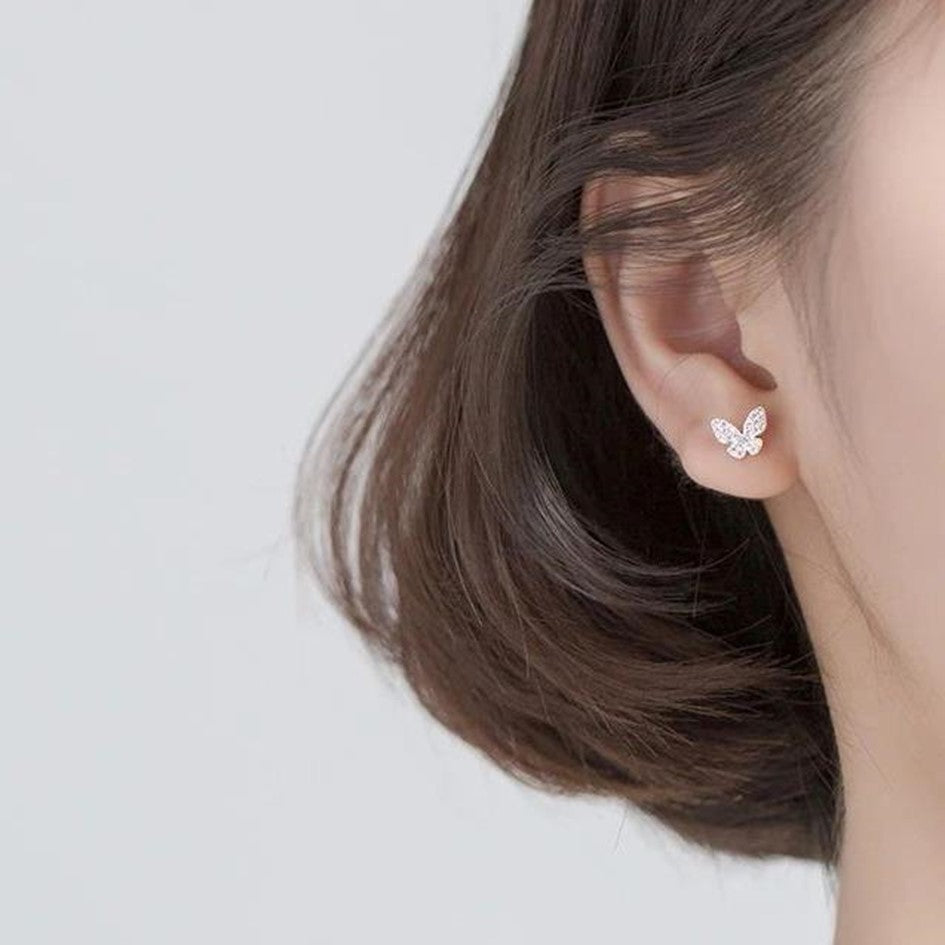 Aretes Mariposa En Plata 925 Con Cristales Rosas Brillantes