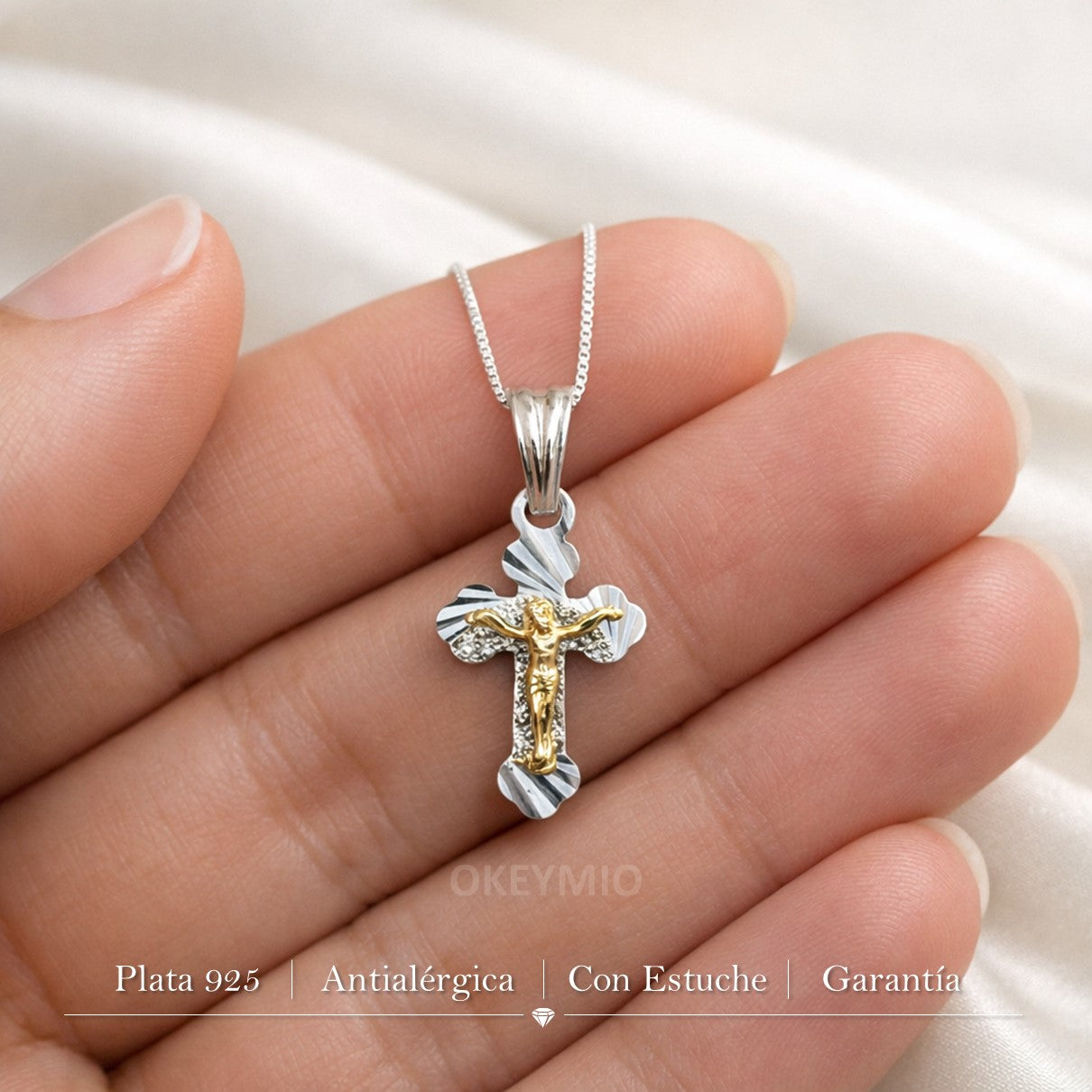 Dije y Cadena cruz Jesus Plata 925 Oro laminado 18k