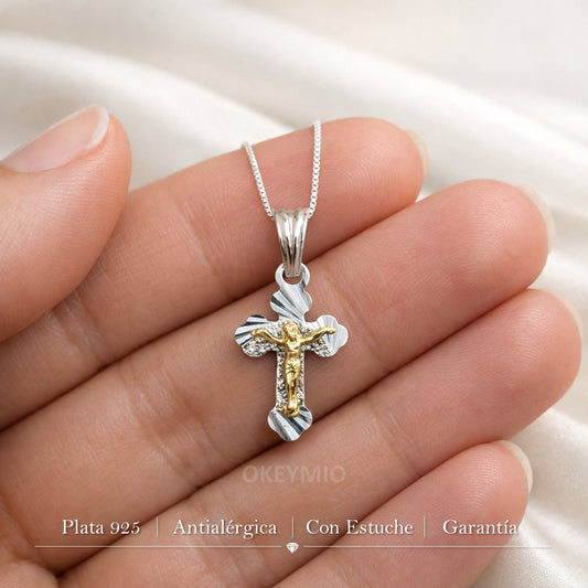 Dije y Cadena cruz Jesus Plata 925 Oro laminado 18k