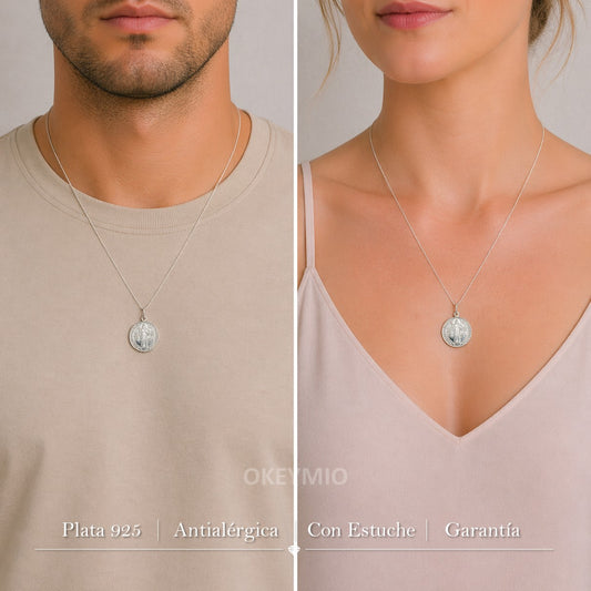 Dije y Cadena San Benito En Plata 925 Italiana Unisex