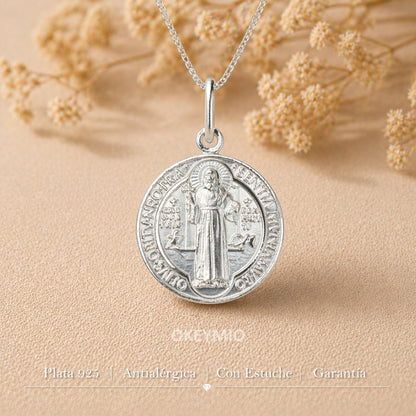 Dije y Cadena San Benito En Plata 925 Italiana Unisex