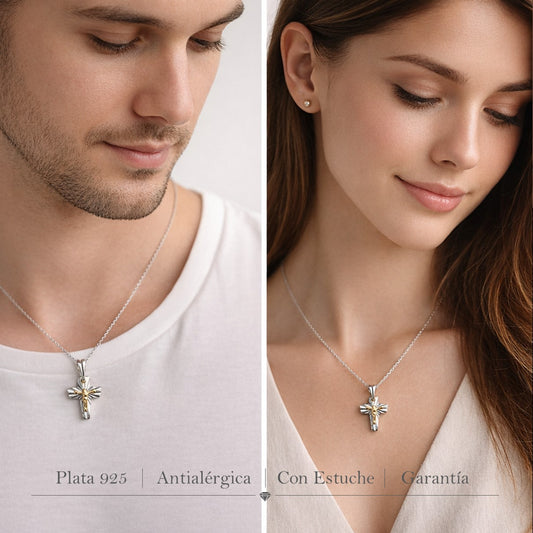 Dije y Cadena cruz Jesus  Plata 925 Oro laminado 18k