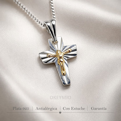 Dije y Cadena cruz Jesus  Plata 925 Oro laminado 18k