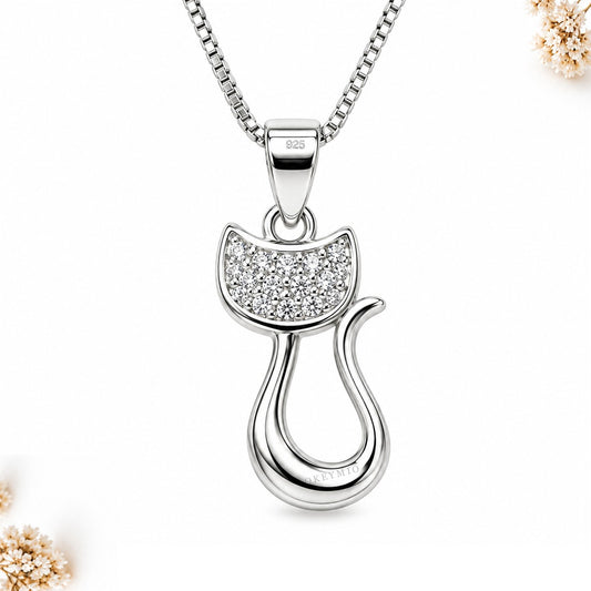 Dije Gato En Plata 925 Con Cadena Para Mujer