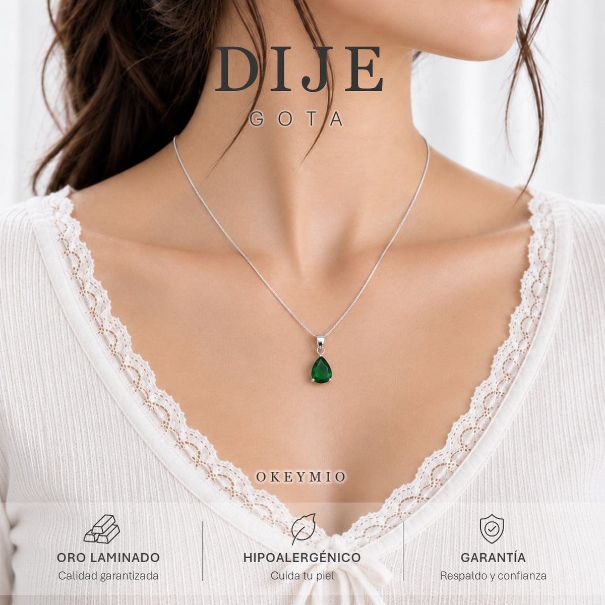 Dije Gota Piedra Verde Con Cadena Plata 925 Antialérgico