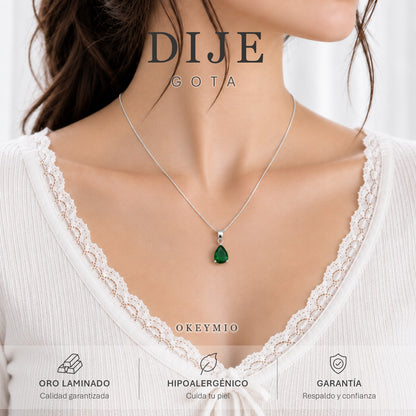 Dije Gota Piedra Verde Con Cadena Plata 925 Antialérgico
